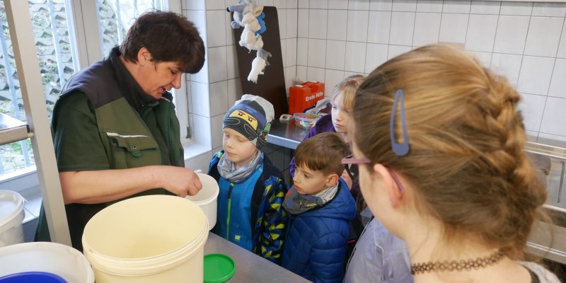 Zooschulpädagogin Silke Kühn mit kleinen Hilfstierpflegern in der Futterküche im Zoo Hoyerswerda