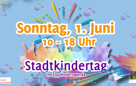 Das Bild zeigt eine Veranstaltungswerbung für den Stadtkindertag im Zoo Hoyerswerda.